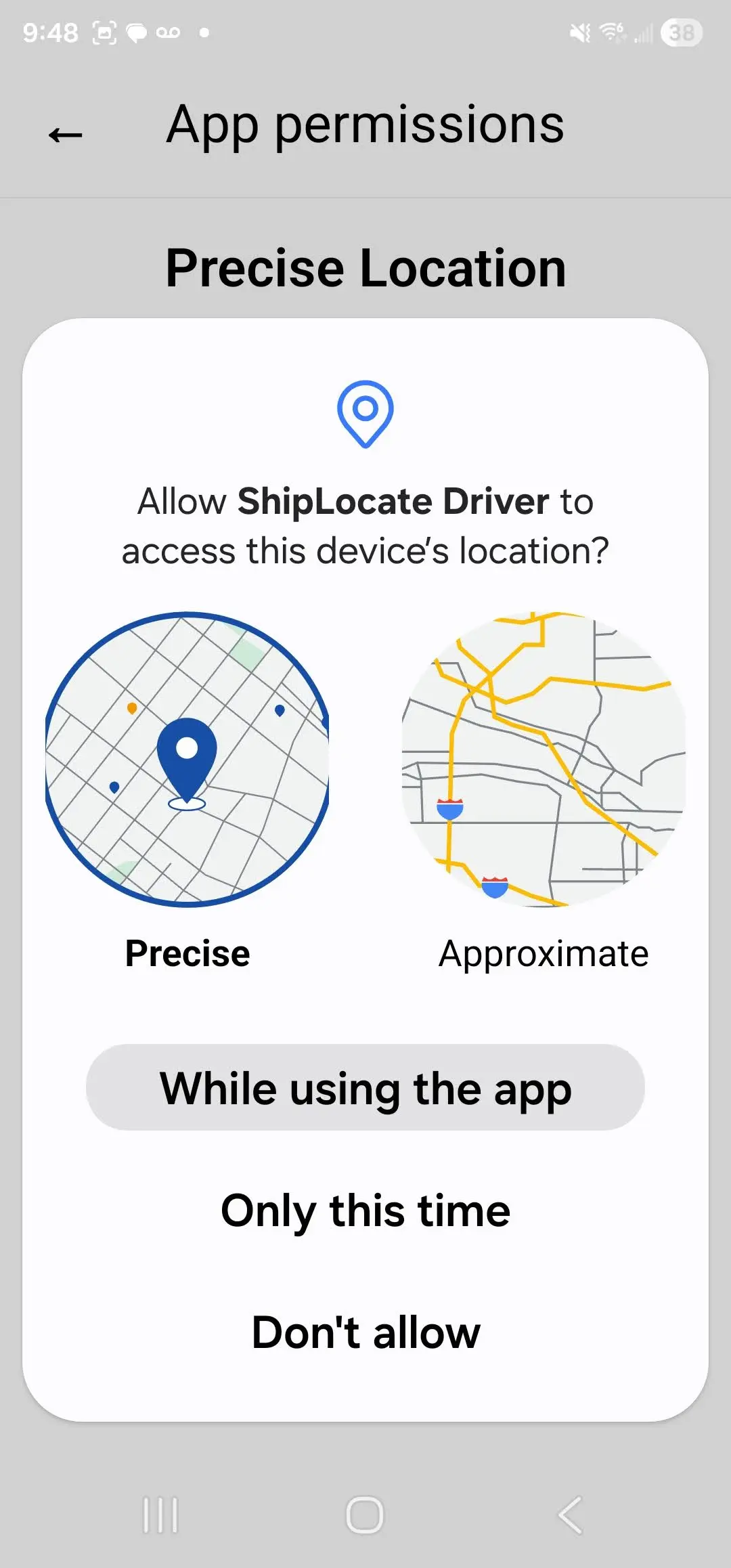 Android location permission dialog