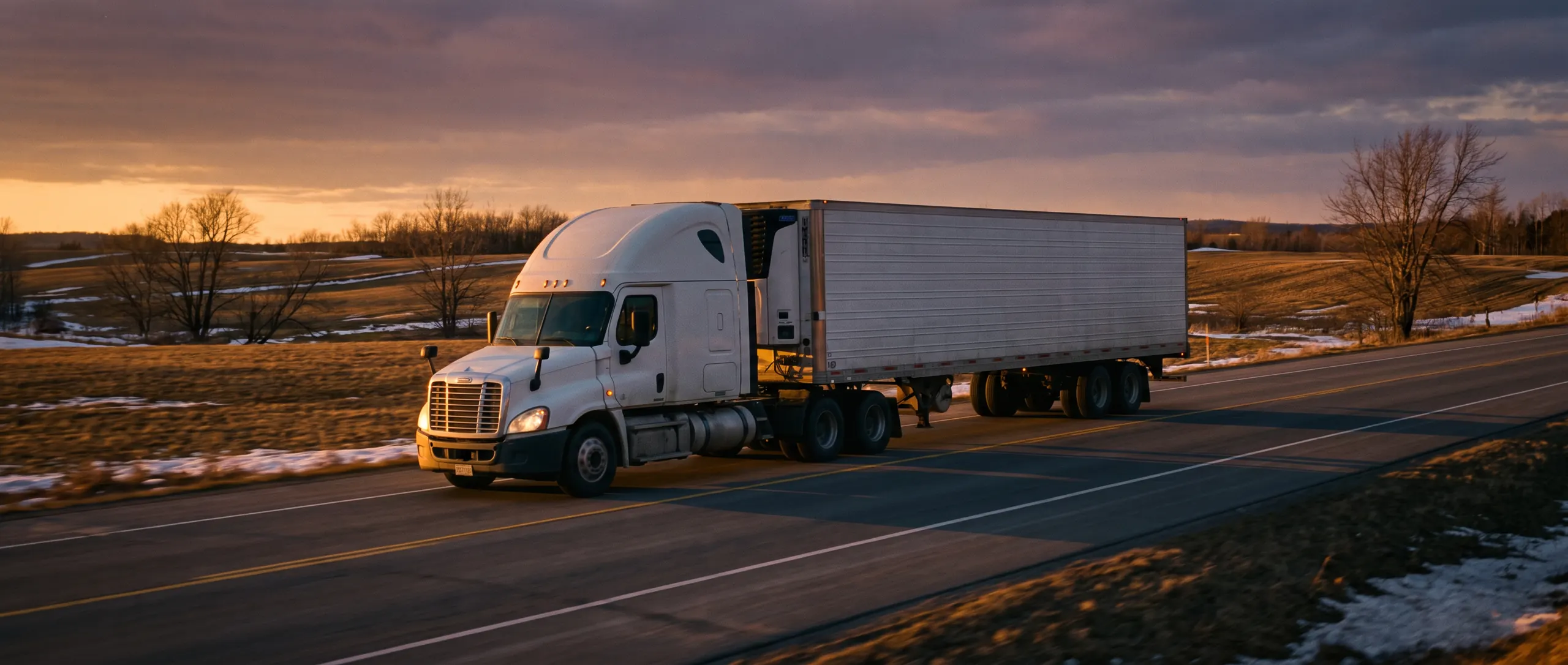 Refrigerated truck on a rural highway at sunset